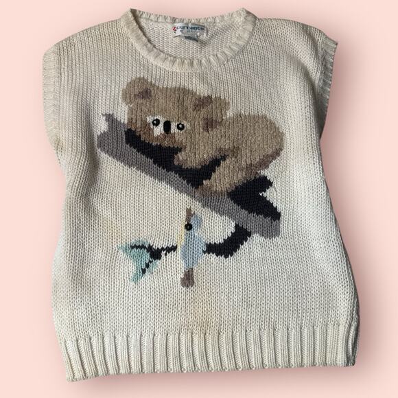 Vtg 80s Women Medium Cream Sweater Vest Koala Bear Cottagecore Knit Cutecore - Picture 1 of 4